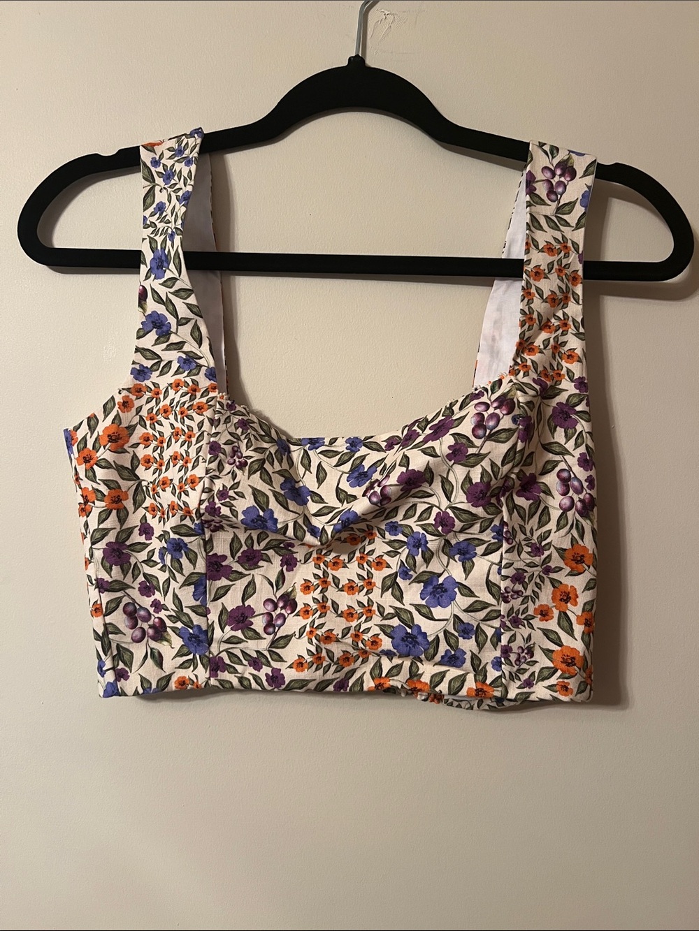 Agua Bendita Floral Crop Top in Cream with Purple & Orange Blossoms